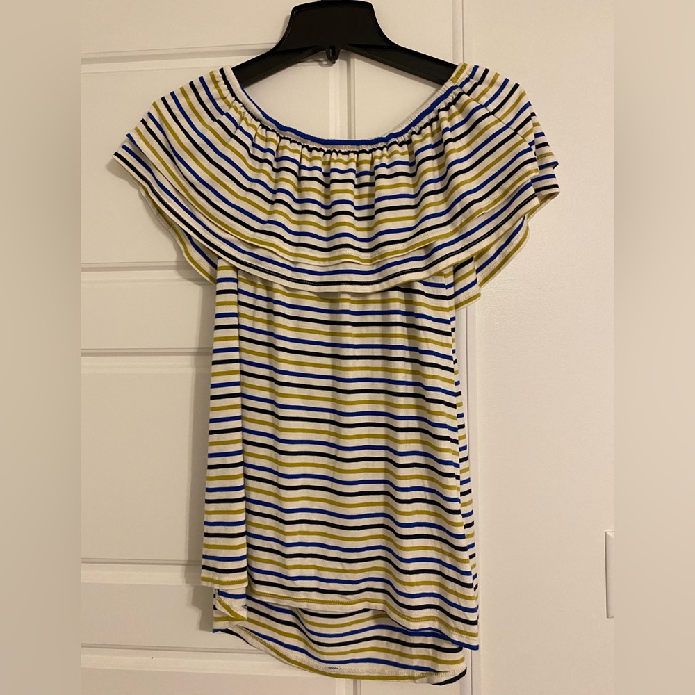 White Birch Yellow and Blue Striped Off-Shoulder Blouse